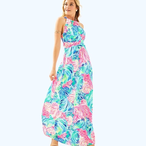 New Lilly Pulitzer MARTINA MAXI Halter Long DRESS Beach Please Bow Pink sz M - Picture 2 of 7